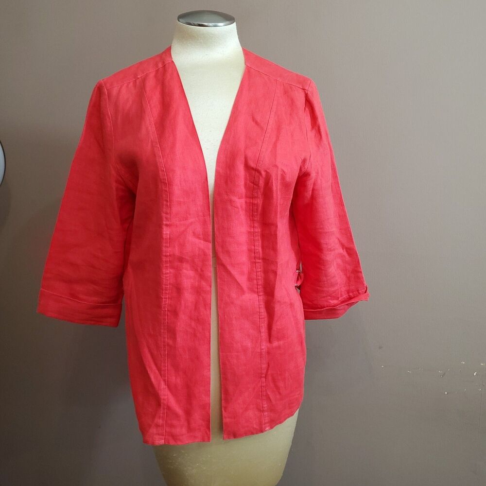 Choices Linen Jacket M Coral Pink Open Front 3/4 Sleeve Side Belts Hip Length